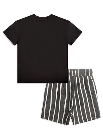 Erkek Çocuk Takım Croco Siyah T-Shirt Ve Çizgili Keten Görünümlü Yazlık Şort