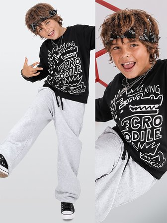 Erkek Çocuk Takım Timsah Baskılı T-shirt ve Kalın Eşofman Altı - Oversize (5-11 Yaş)