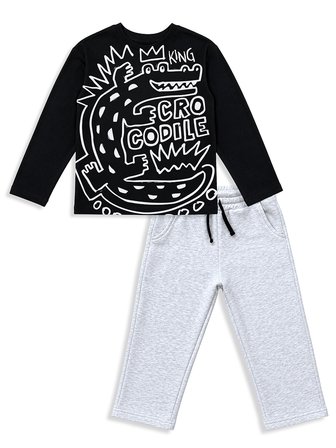 Erkek Çocuk Takım Timsah Baskılı T-shirt ve Kalın Eşofman Altı - Oversize (5-11 Yaş)