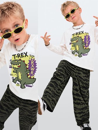 Erkek Çocuk Takım Dinozor Baskılı %100 Pamuk T-shirt ve Pantolon (3-8 Yaş)