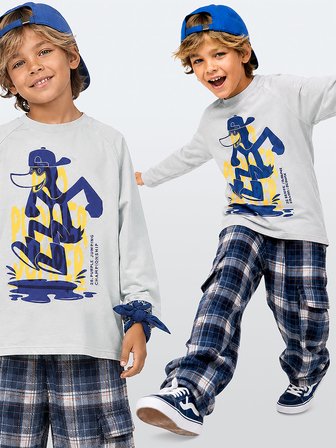 Erkek Çocuk Takım Ördek Baskılı %100 Pamuk T-shirt - Ekose Dokuma Pantolon (6-11 Yaş)