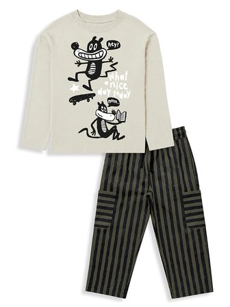 Erkek Çocuk Takım Oversize Tişört - Çizgili Dokuma Gabardin Pantolon (5-10 Yaş)