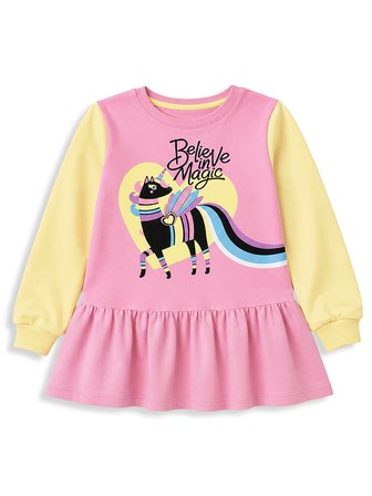 Kız Çocuk Unicorn Baskılı Pamuklu Elbise – Pembe Renkli Kollu Rahat ve Eğlenceli Tasarım (3-8 Yaş)