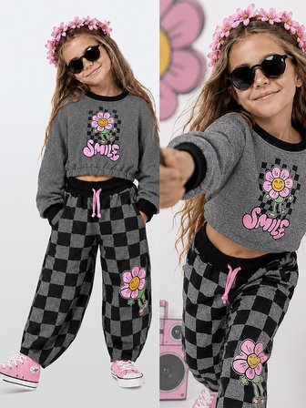 Kız Çocuk Eşofman Takım Crop Sweatshirt - Damalı Bol Eşofman Altı Oversize Kışlık (4-10 Yaş)