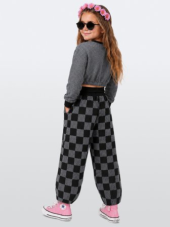 Kız Çocuk Eşofman Takım Crop Sweatshirt - Damalı Bol Eşofman Altı Oversize Kışlık (4-10 Yaş)