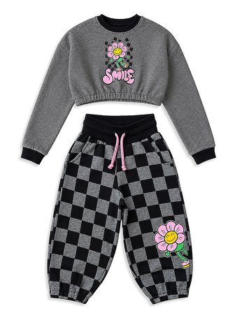 Kız Çocuk Eşofman Takım Crop Sweatshirt - Damalı Bol Eşofman Altı Oversize Kışlık (4-10 Yaş)