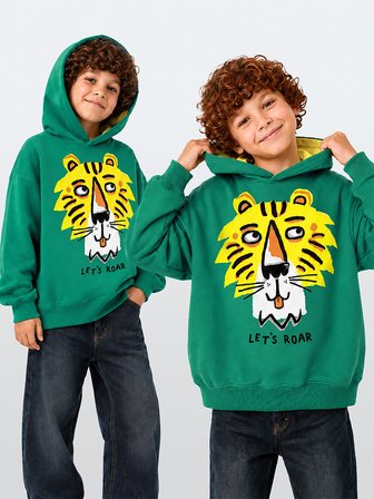 Erkek Çocuk Kapüşonlu Sweatshirt Kaplan Baskılı Oversize (3-8 Yaş)