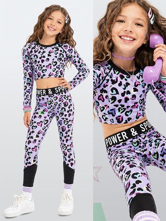 Kız Çocuk Spor Takımı Leopar Desen – Crop Üst ve Sporcu Tayt (6-11 Yaş)