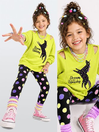 Kız Çocuk Takım Unicorn Sweatshirt - Puantiye Tayt Takım (4-10 Yaş)