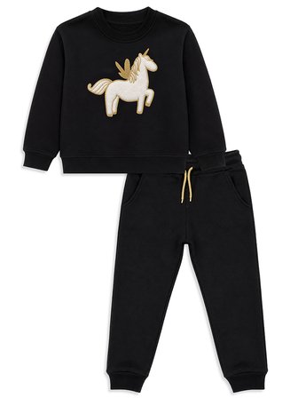 Kız Çocuk Peluş Unicorn %100 Panuk Kalın Siyah Eşofman Takım – Eğlenceli Tasarım (3-8 Yaş)