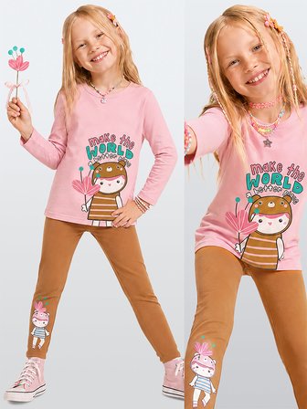 Kız Çocuk Pamuklu Uzun Kollu T-shirt & Tayt Takımı – Sevimli Karakter Baskılı (2-8 Y)