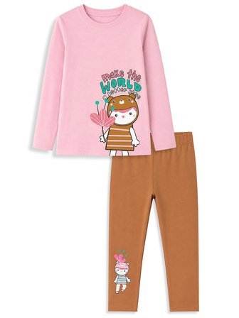 Kız Çocuk Pamuklu Uzun Kollu T-shirt & Tayt Takımı – Sevimli Karakter Baskılı (2-8 Y)