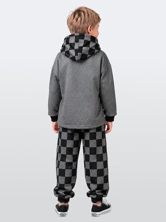Erkek Çocuk Eşofman Takım Damalı Kalın Kapüşonlü Sweatshirt Eşofman Altı
