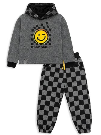 Erkek Çocuk Eşofman Takım Damalı Kalın Kapüşonlü Sweatshirt Eşofman Altı