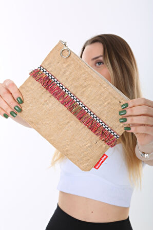 Baghashtag Kırmızı İp Püsküllü Jüt Clutch Bez Çanta