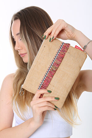 Baghashtag Kırmızı İp Püsküllü Jüt Clutch Bez Çanta