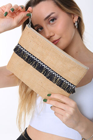 Baghashtag Siyah İp Püsküllü Jüt Clutch Bez Çanta