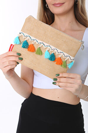 Baghashtag Renkli Pon Pon Püsküllü Jüt Clutch Bez Çanta