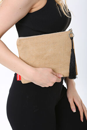 Baghashtag Siyah Püsküllü Jüt Clutch Bez Çanta