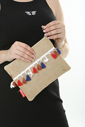 Baghashtag Trabzon Renkli Pon Pon Püsküllü Jüt Clutch Bez Çanta