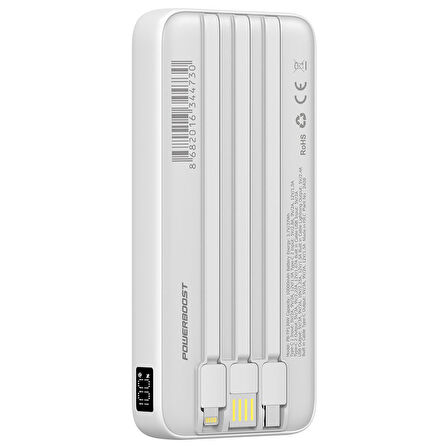 PowerBoost PRIME 130W 10000mAh 22.5W Dahili Kablolu LCD Beyaz Taşınabilir Şarj Cihazı Powerbank