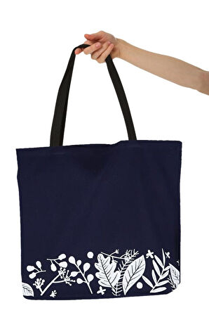 Beyaz Bitkiler Baskılı Siyah Bez Çanta