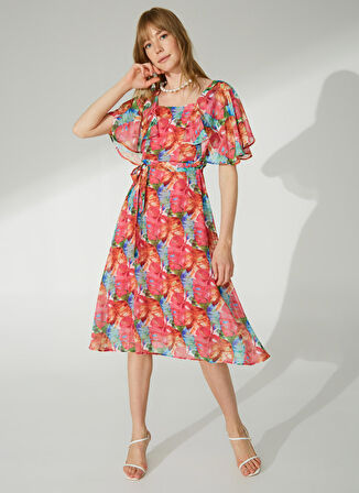 Selen Bisiklet Yaka Emprime Pembe Standart Kadın Elbise 23YSL7268