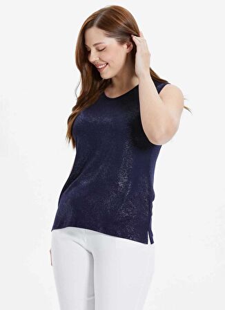 Selen O Yaka Varaklı Lacivert Kadın Bluz 24YSL8813-BB
