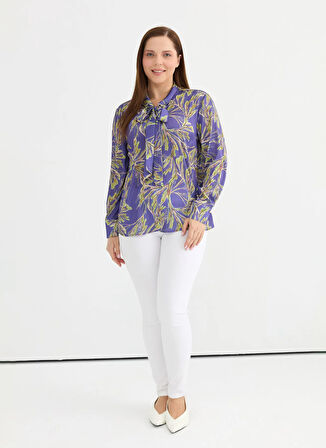 Selen Şal Yaka Emprime Mor Kadın Bluz 25YSL8029-BB