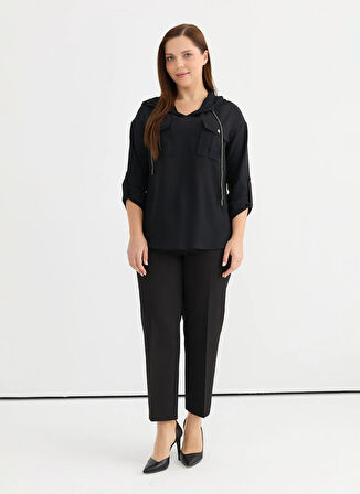 Selen Kapüşon Yaka Taşlı Siyah Kadın Bluz 25YSL8031-BB