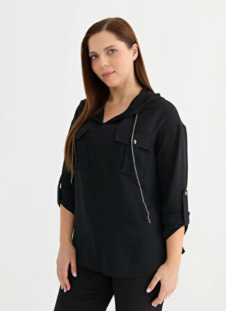 Selen Kapüşon Yaka Taşlı Siyah Kadın Bluz 25YSL8031-BB