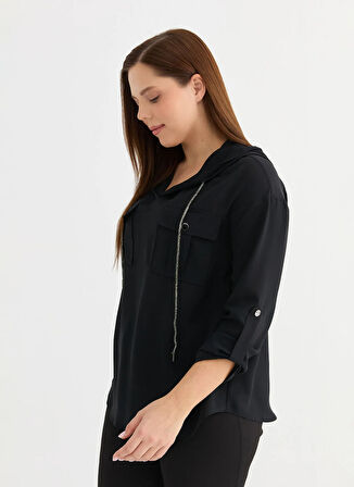 Selen Kapüşon Yaka Taşlı Siyah Kadın Bluz 25YSL8031-BB