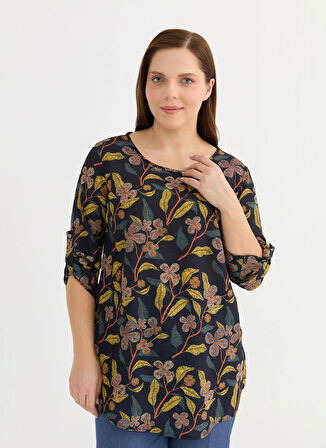 Selen Yuvarlak Yaka Çiçek Desenli Siyah Kadın Bluz 25YSL8032-BB