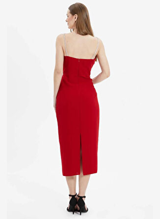 Selen V Yaka Taşlı Kırmızı Standart Kadın Elbise 25YSL7583