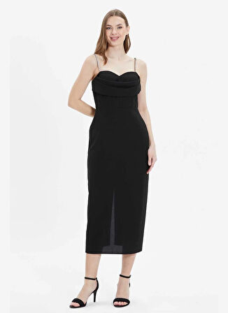 Selen V Yaka Taşlı Siyah Standart Kadın Elbise 25YSL7583