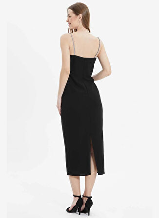Selen V Yaka Taşlı Siyah Standart Kadın Elbise 25YSL7583