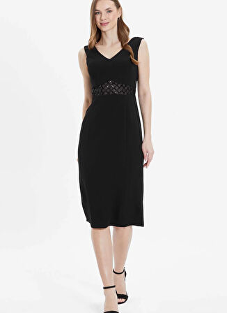 Selen V Yaka Payetli Siyah Standart Kadın Elbise 25YSL7584