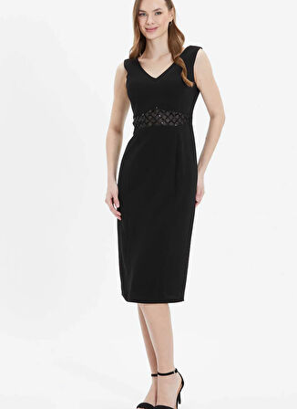 Selen V Yaka Payetli Siyah Standart Kadın Elbise 25YSL7584