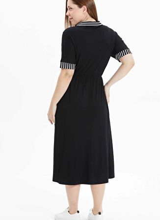 Selen V Yaka Çizgili Siyah Standart Kadın Elbise 25YSL7585-BB