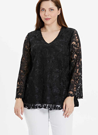 Selen V Yaka Güpür Siyah Kadın Bluz 25YSL8046-BB
