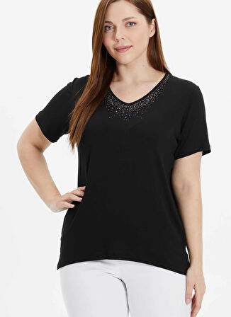 Siyah Kadın V Yaka Normal Kalıp Taşlı Bluz 25YSL8054-BB
