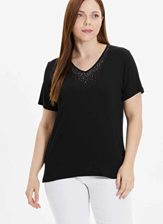 Siyah Kadın V Yaka Normal Kalıp Taşlı Bluz 25YSL8054-BB