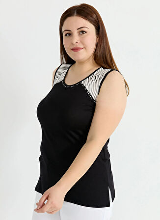 Selen V Yaka Çizgili Siyah Kadın Bluz 25YSL8089