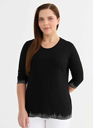 Selen Yuvarlak Yaka Taşlı Siyah Kadın Bluz 25YSL8091-BB