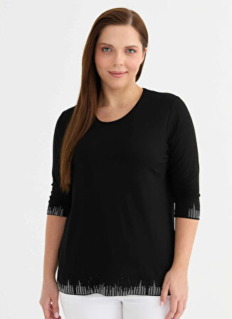 Selen Yuvarlak Yaka Taşlı Siyah Kadın Bluz 25YSL8091-BB