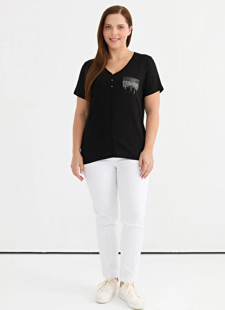Selen V Yaka Taşlı Siyah Kadın Bluz 25YSL8092