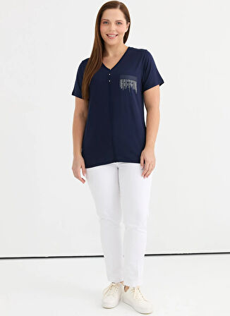 Selen V Yaka Taşlı Lacivert Kadın Bluz 25YSL8092