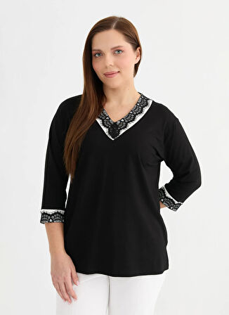 Selen V Yaka Dantel Siyah Kadın Bluz 25YSL8074-BB