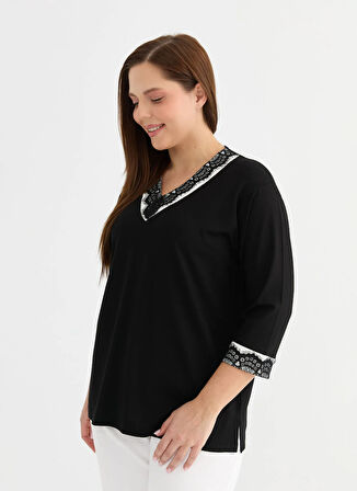 Selen V Yaka Dantel Siyah Kadın Bluz 25YSL8074-BB