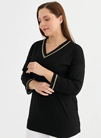 Selen V Yaka Simli Siyah Kadın Bluz 25YSL8075-BB
